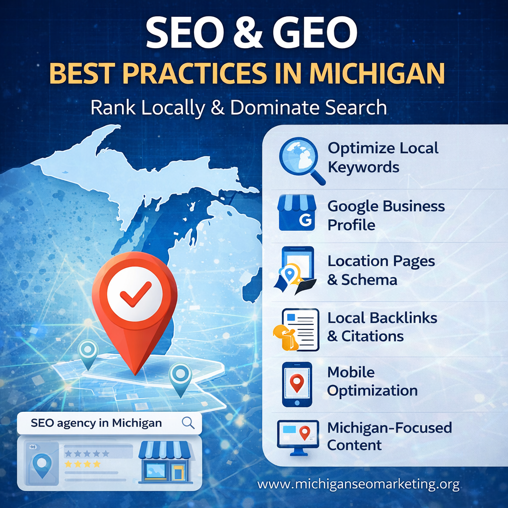 SEO and Geo Best Practices in Michigan infographic showing local SEO strategies including Google Business Profile optimization, local backlinks, schema markup, and mobile optimization.
